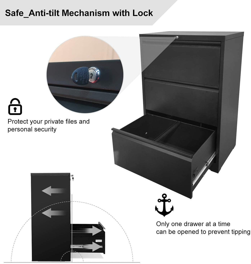 Black 3 Drawer Metal Lateral Filing Cabinet U2107