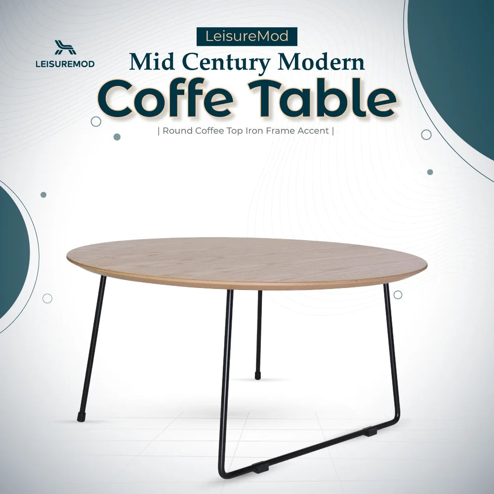 Mid Century Modern Round Coffee Table with Wood Top B1961