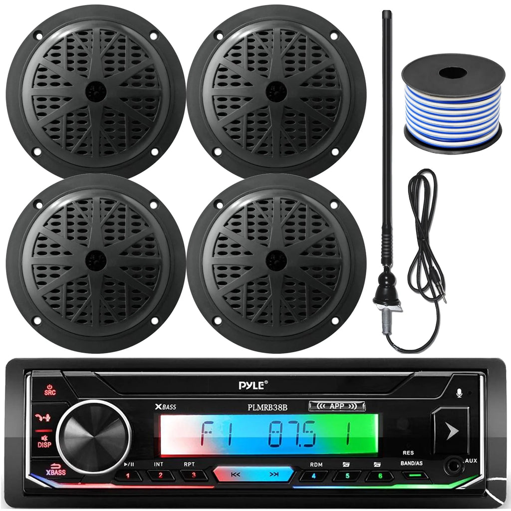 Single DIN Bluetooth Marine Stereo Receiver Bundle with 4x 5.25'' Waterproof Marine Speakers S676