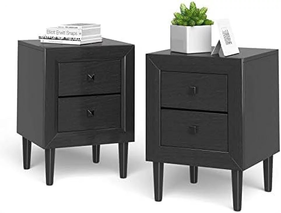 White Nightstand Set of 2 2-Drawer Bedside Tables with Solid Wood Legs K4110