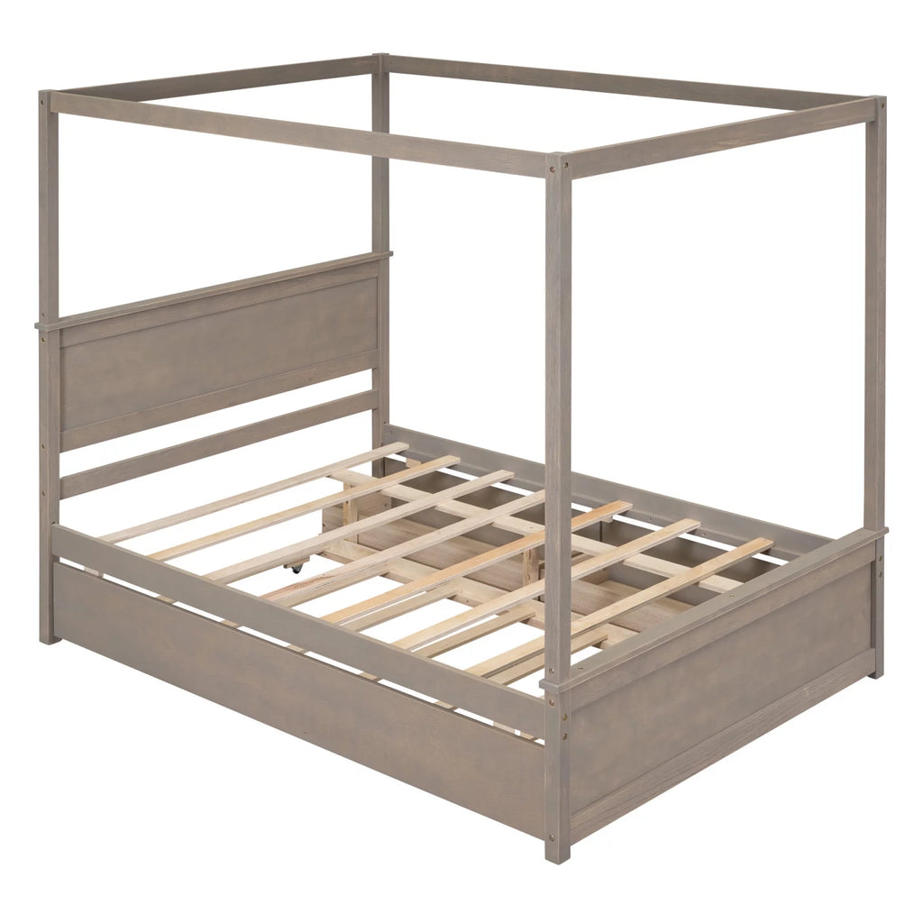 Full Size White Wood Canopy Platform Bed with Trundle Y9066