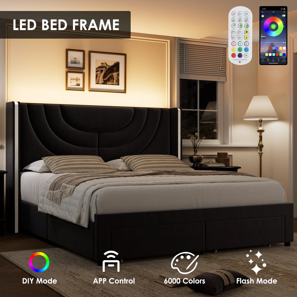 Full Size Velvet Upholstered Platform Bed Frame with 2 Drawers T4180