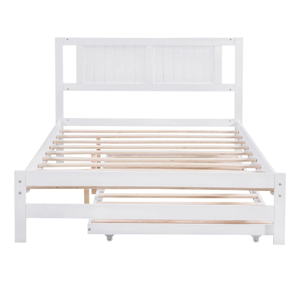 White Full Size Wood Platform Bed with Adjustable Trundle and Headboard Y88455