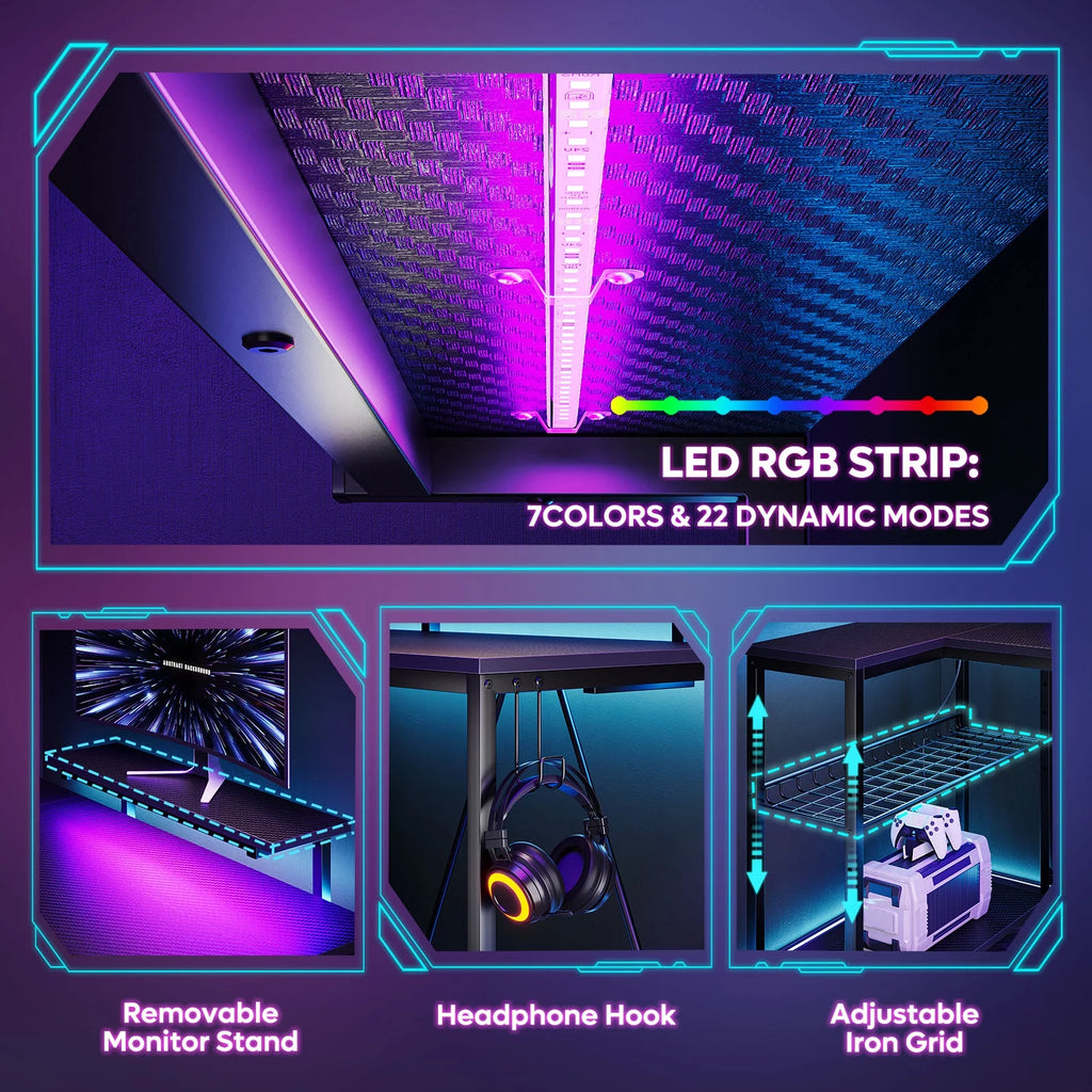 52" L Shaped Computer Desk with LED Lights C5706