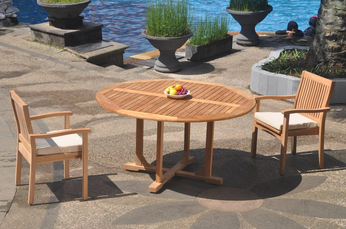 Grade-A Teak 3 Pc Dining Set 60" Round Table 2 Stacking Arm Chairs Q4769