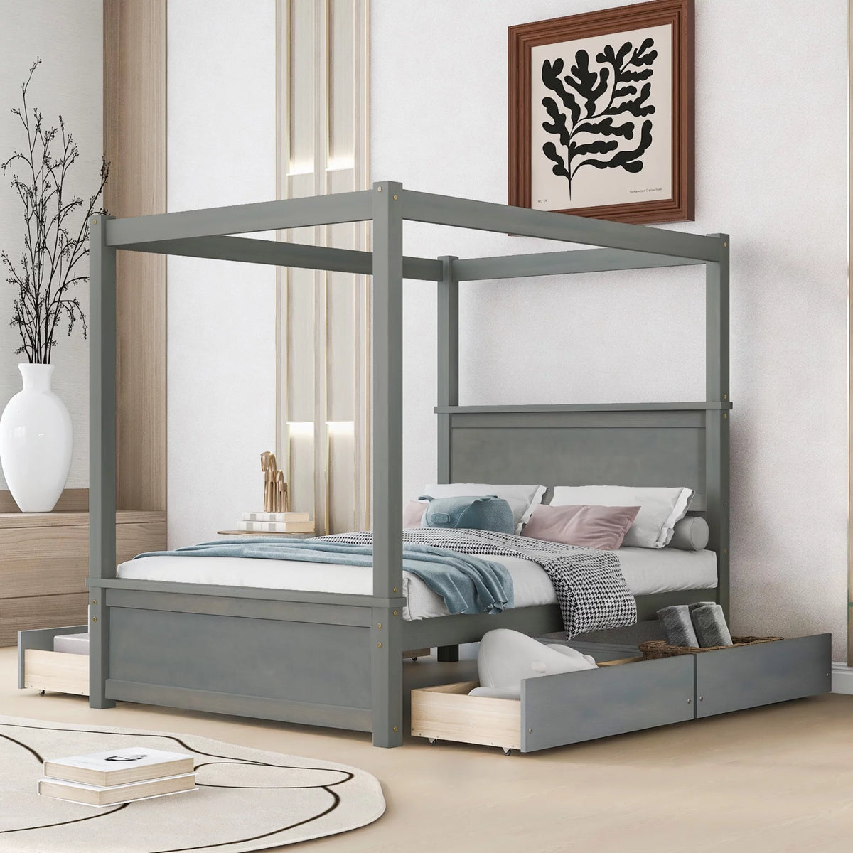 Full Size White Wood Canopy Platform Bed with Trundle Y9066