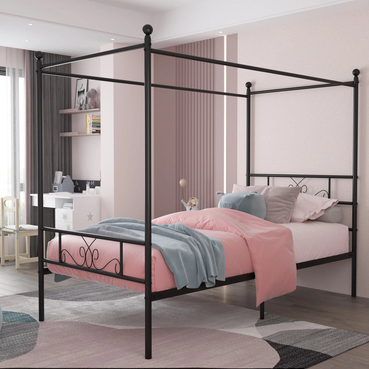 Twin Size 4-Post Canopy Bed Frame Metal Platform with Headboard Footboard Black M66327