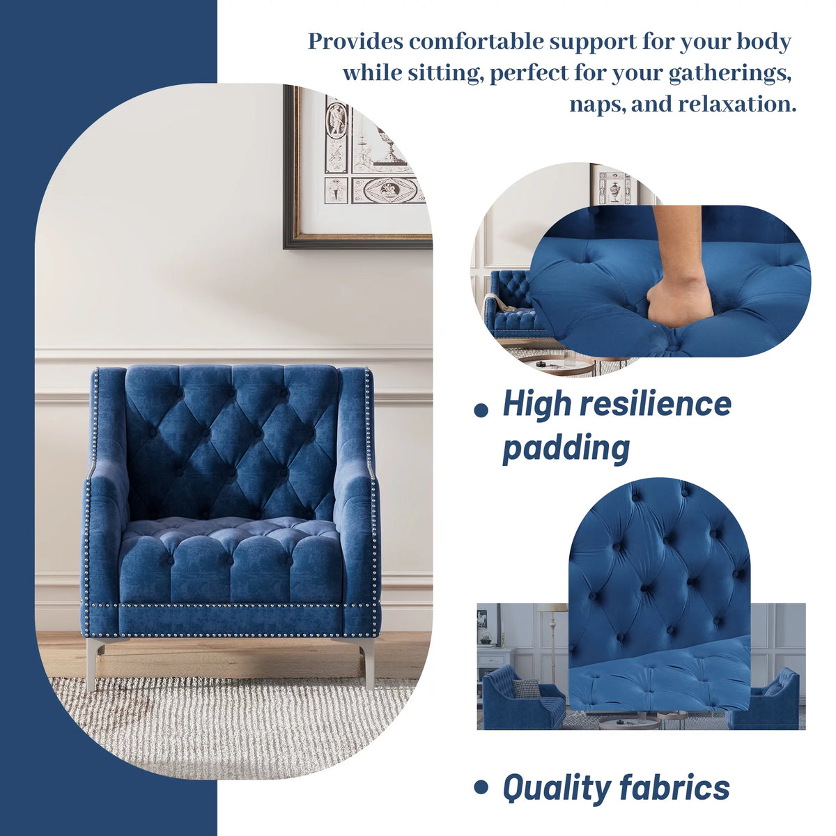 Blue Tufted Plush Upholstered Sofa with Metal Legs P637750