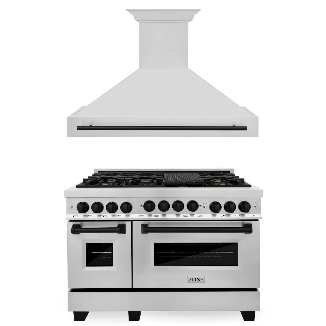 48 In. Gas Range and Range Hood in Stainless Steel with Matte Black Accents Z5619