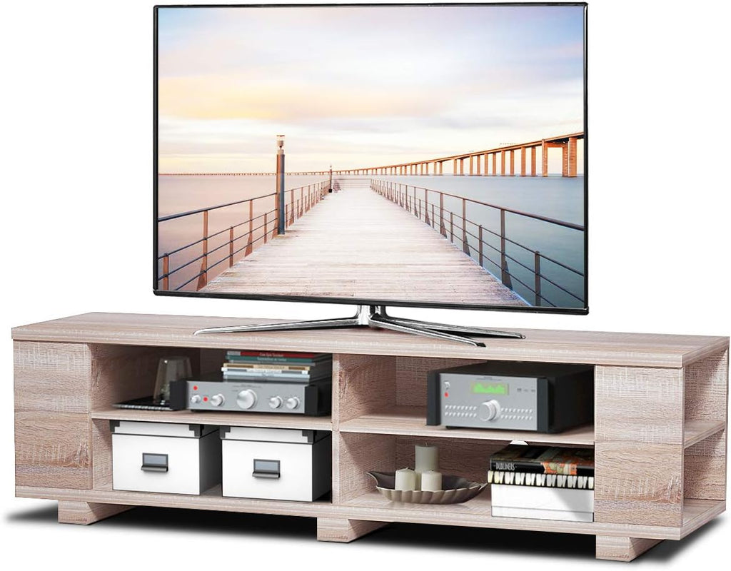 White Oak Wood TV Stand with 8 Open Shelves Z1511