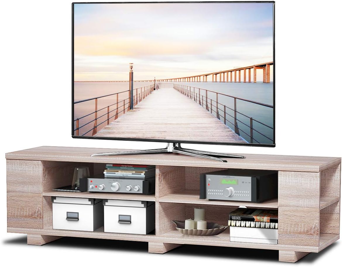 White Oak Wood TV Stand with 8 Open Shelves Z1511