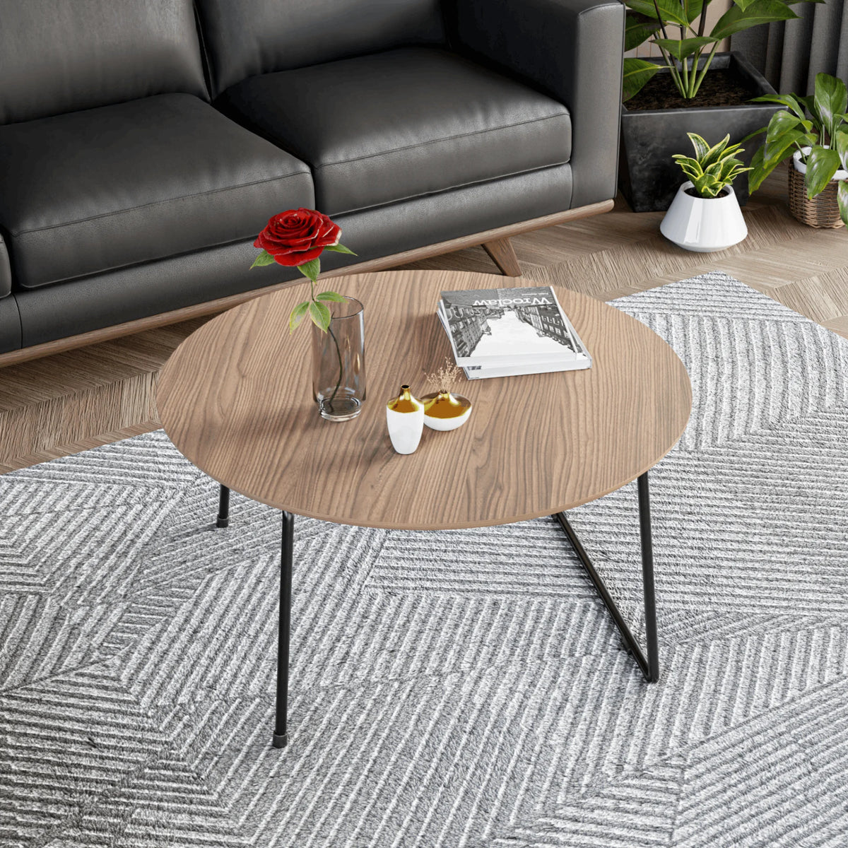 Mid Century Modern Round Coffee Table with Wood Top B1961