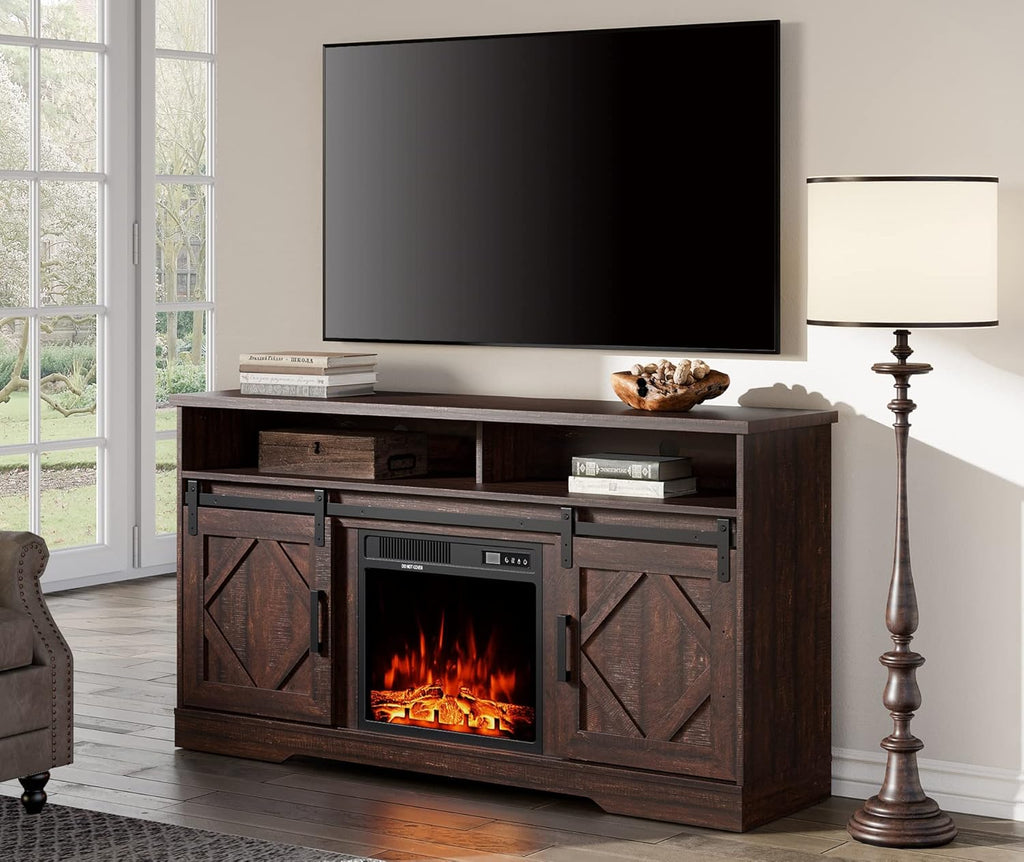 Farmhouse Sliding Barn Door TV Stand for TVs Up to 65 inch, Rustic Brown G9972