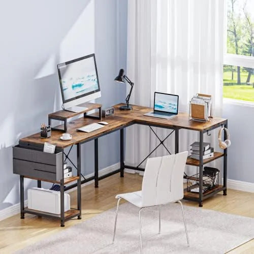 L Shaped Desk with Shelves Monitor Stand Bag Hooks Black B682489