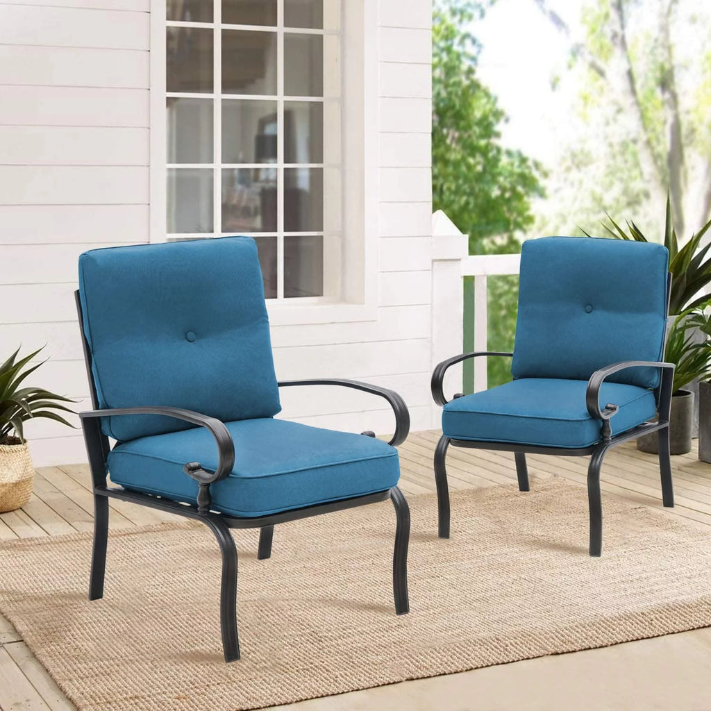 Patio Chairs Outdoor Wrought Iron Dining Chairs with Peacock Blue Cushions, Set of 2 H9997
