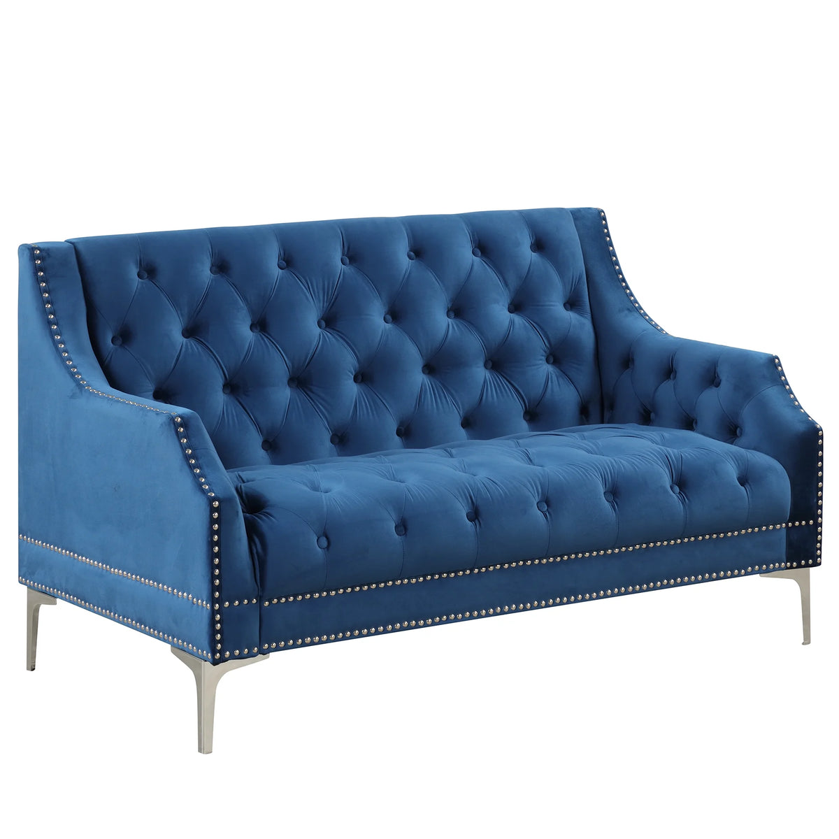 Blue Tufted Plush Upholstered Sofa with Metal Legs P637750