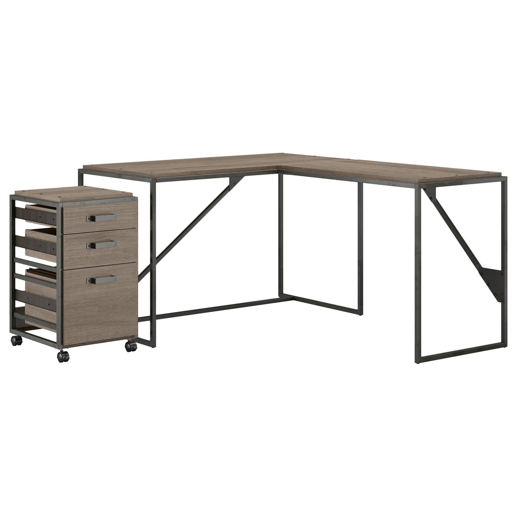 50W L Shaped Industrial Desk with 3 Drawer File Cabinet, Gray N69637