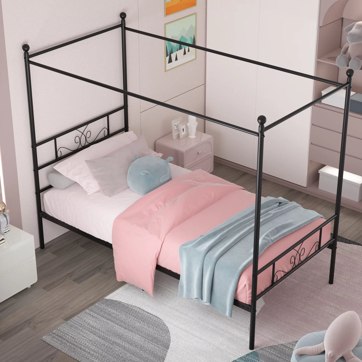 Twin Size 4-Post Canopy Bed Frame Metal Platform with Headboard Footboard Black M66327