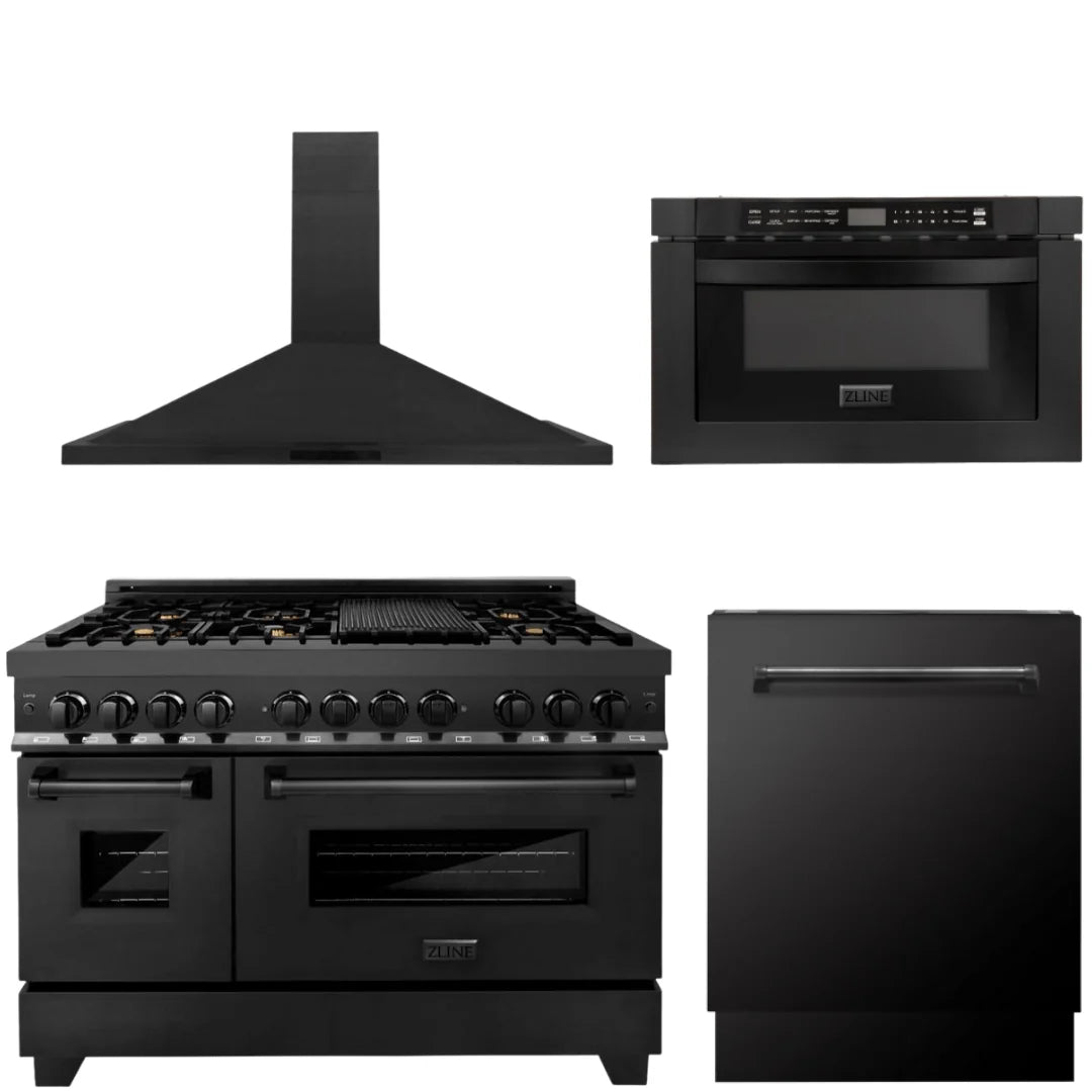 48 In. Dual Fuel Range, Range Hood, Microwave and Dishwasher in Black Stainless Steel X71398