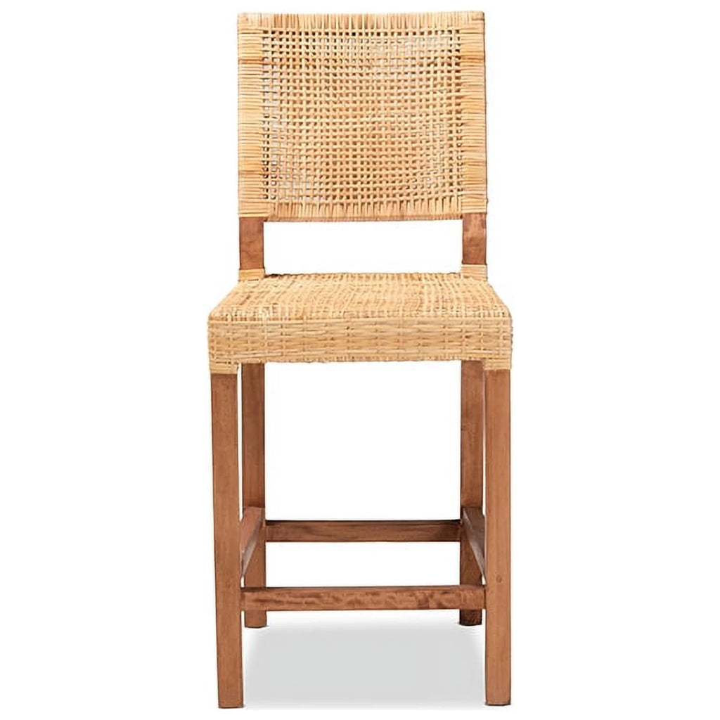 Natural Brown Rattan and Walnut Brown Wood Counter Stool L2909