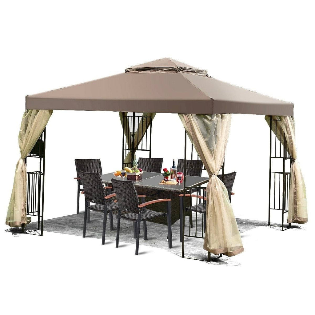 10 x 10 ft Outdoor Patio Gazebo with Taupe Brown Canopy and Mesh Sidewalls O759
