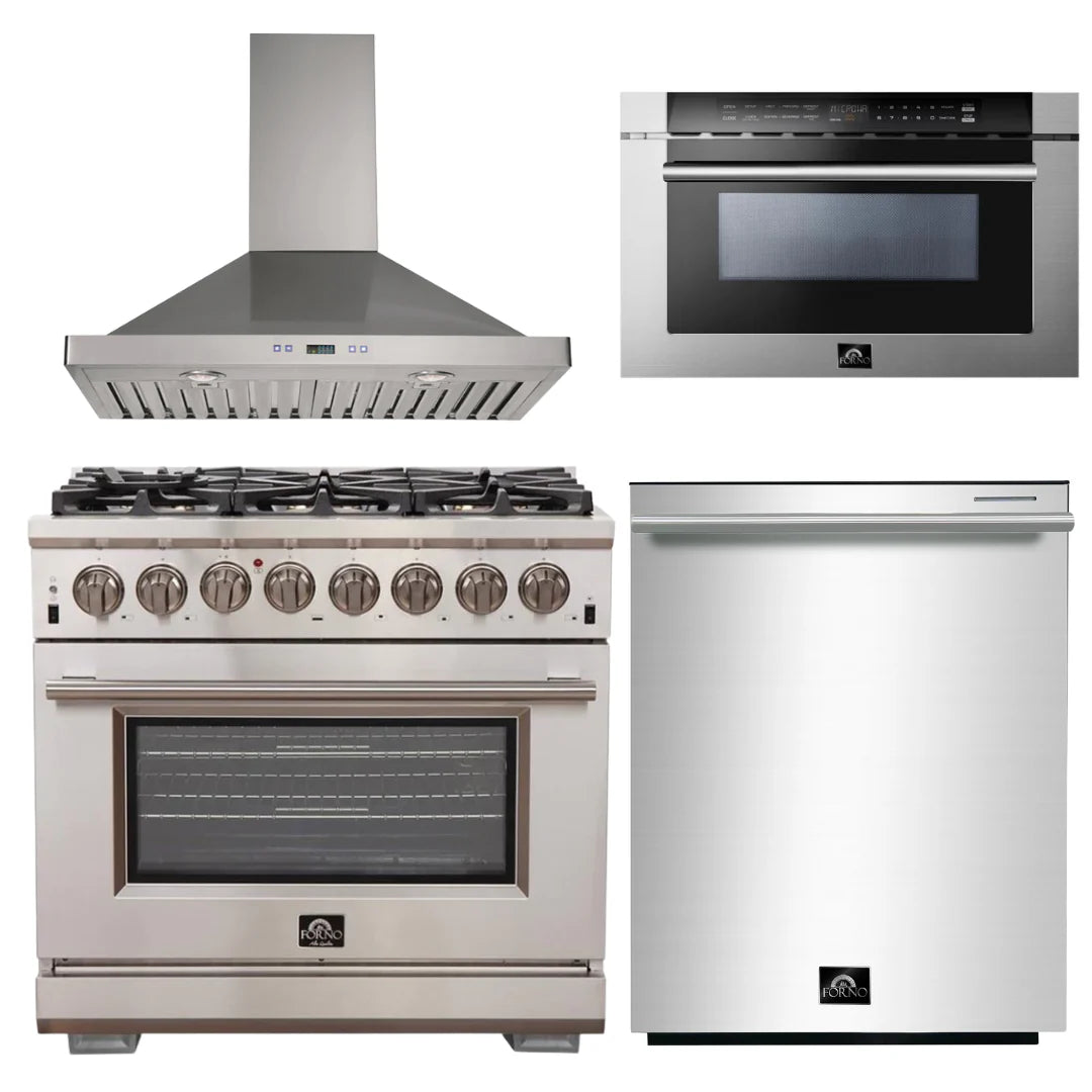36 Inch Gas Burner Electric Oven Pro Range, Wall Mount Range Hood, Microwave Drawer, Dishwasher Q13716