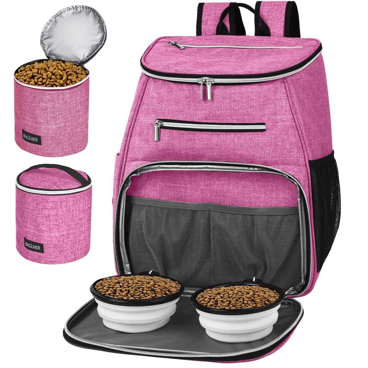 Airline Approved Dog Travel Backpack with 2 Silicone Collapsible Bowls and 2 Food Baskets T496