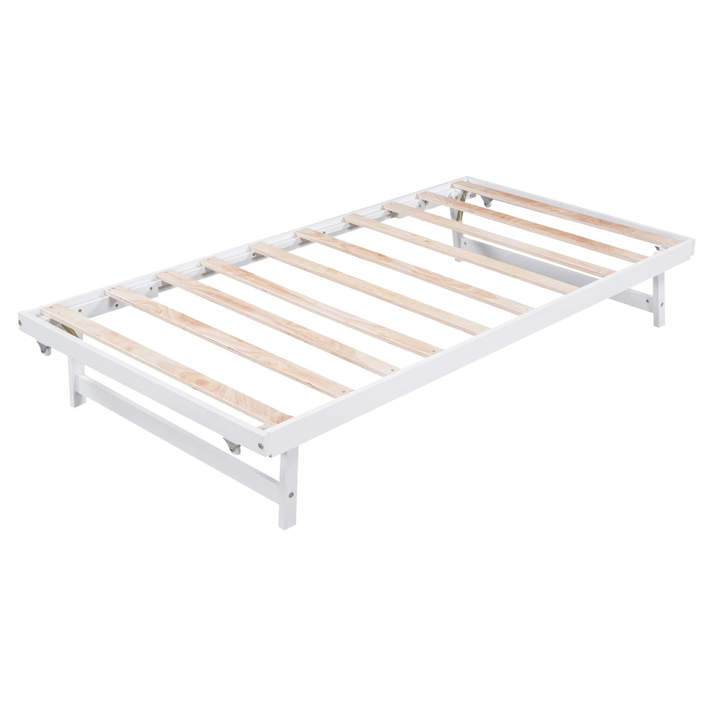 White Full Size Wood Platform Bed with Adjustable Trundle and Headboard Y88455