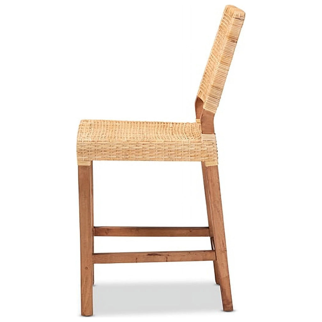 Natural Brown Rattan and Walnut Brown Wood Counter Stool L2909