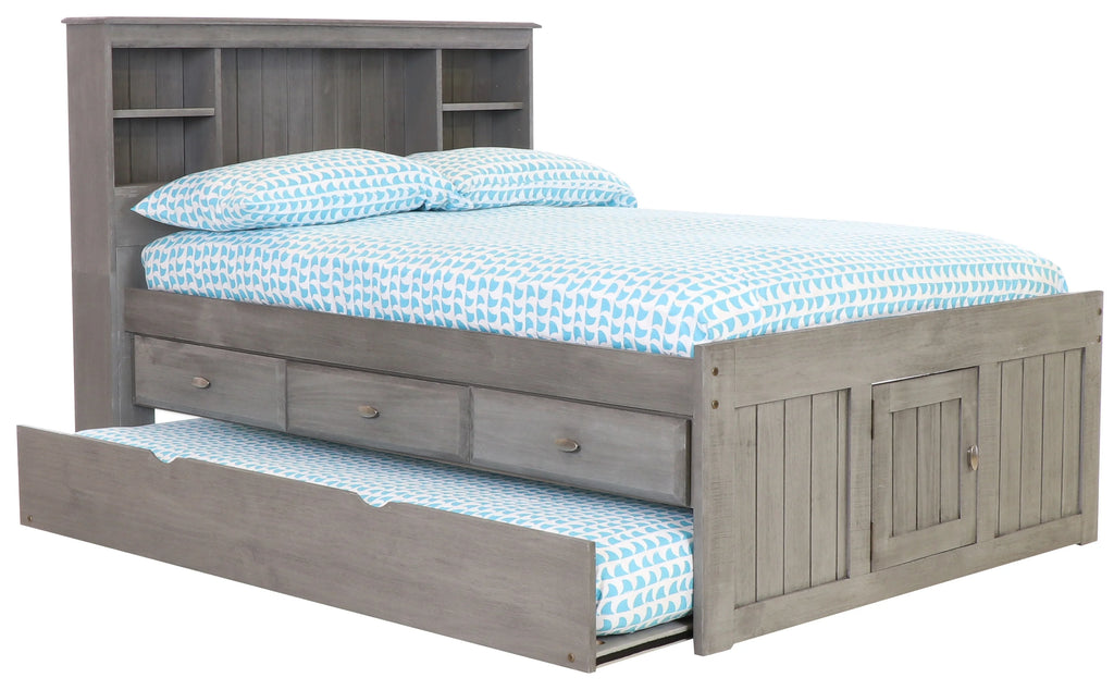 Charcoal Gray Solid Pine Full Captains Bookcase Bed with 3 Drawers and Twin Trundle I352