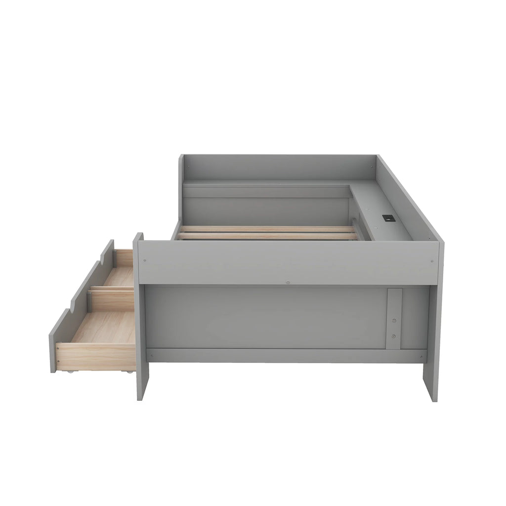 Twin Size Daybed with Shelf, Drawers and Charging Station, Gray B6388