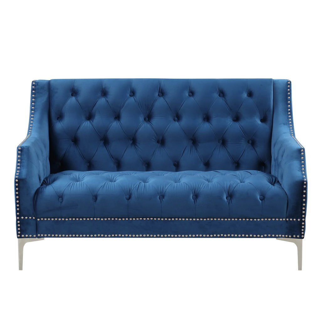 Blue Tufted Plush Upholstered Sofa with Metal Legs P637750