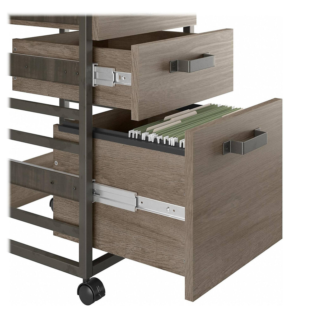 50W L Shaped Industrial Desk with 3 Drawer File Cabinet, Gray N69637