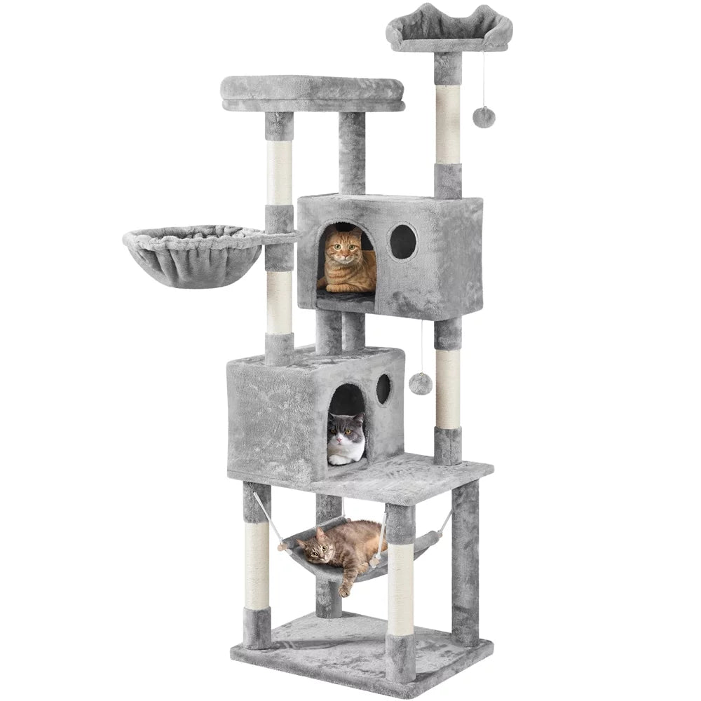 Light Gray Multilevel Cat Tree with 2 Condos H950
