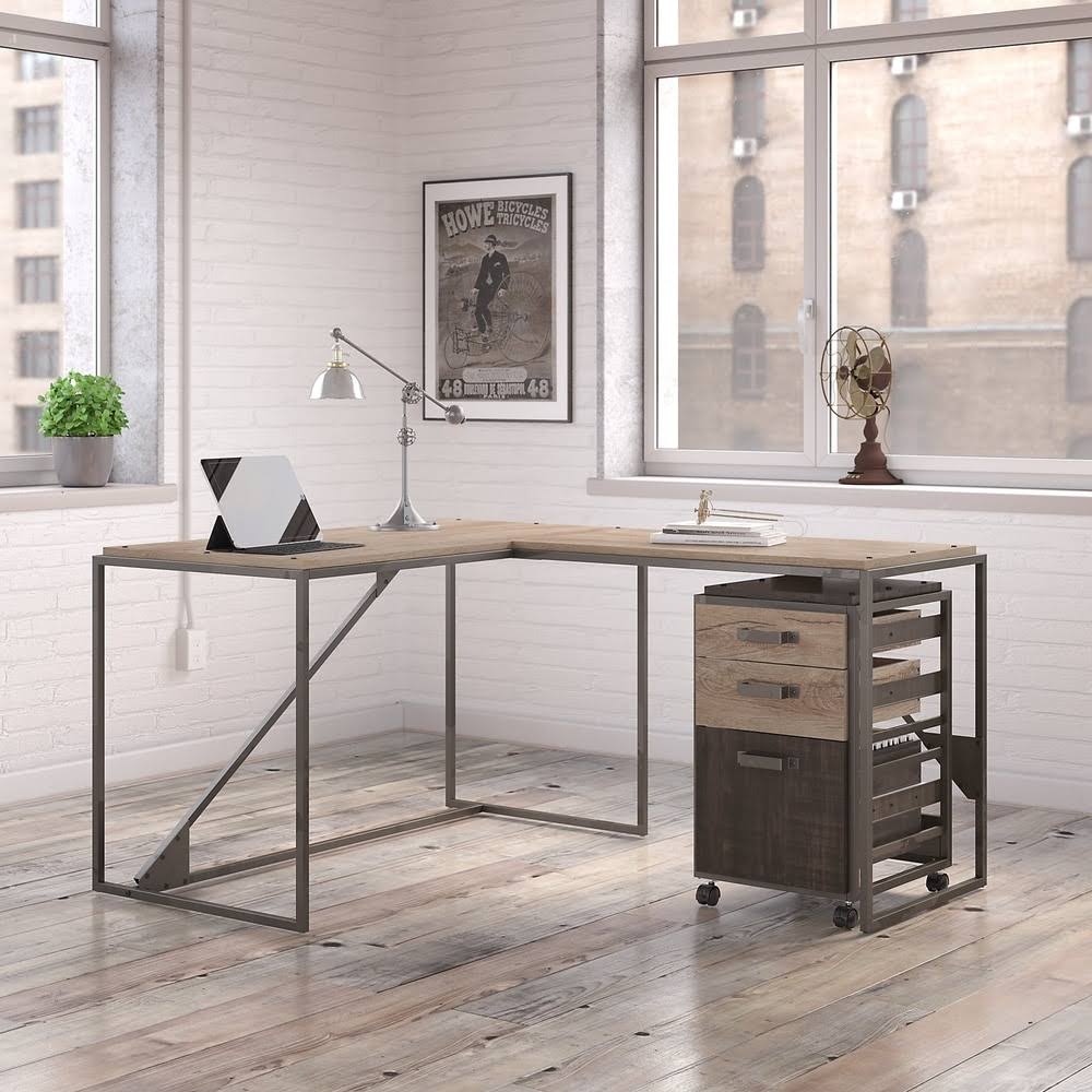50W L Shaped Industrial Desk with 3 Drawer File Cabinet, Gray N69637