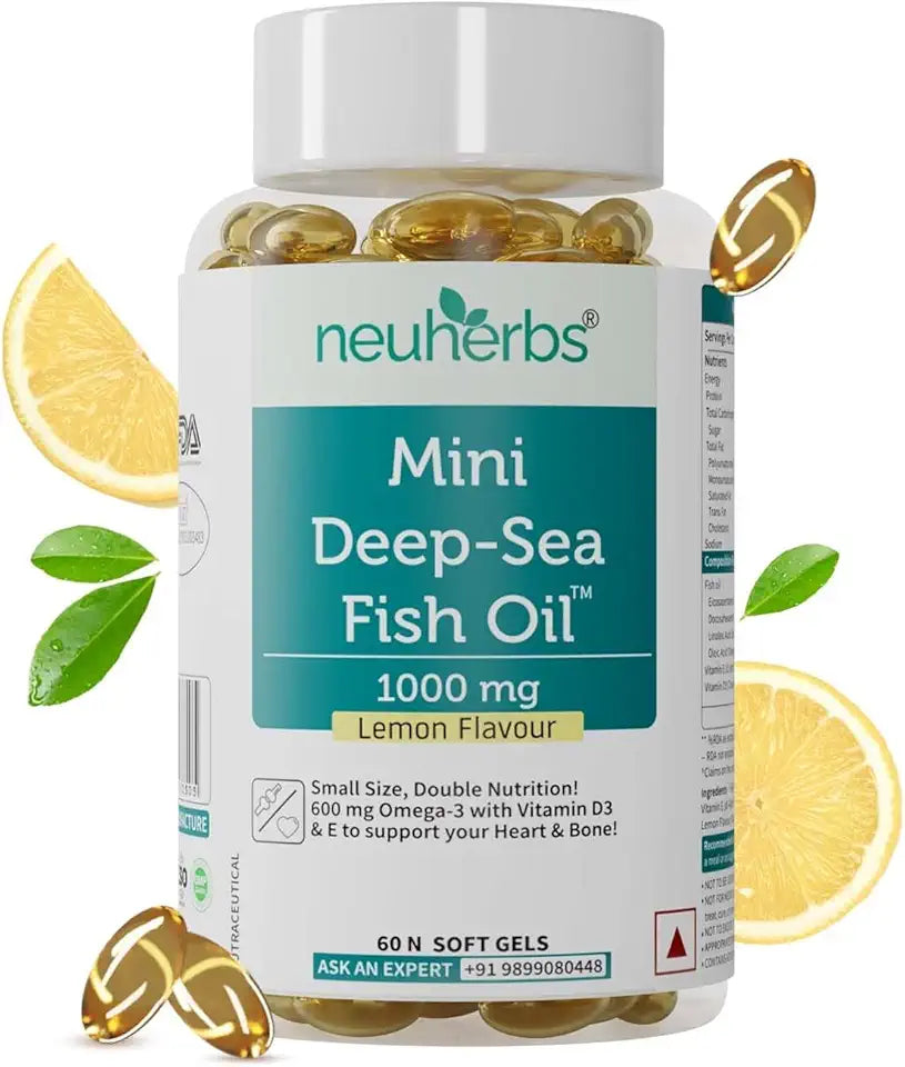 Fish Oil 1000 mg with Lemon Flavour, 2X Omega 3, 360mg EPA & 240mg DHA with Vitamin D3 & E, 60 Softgels Q6264