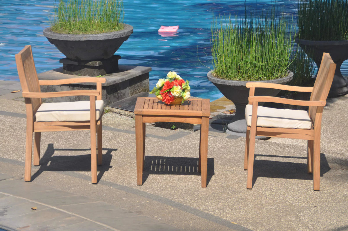 Teak 3 Pc Dining Set with Side Table and 2 Stacking Arm Chairs J98175