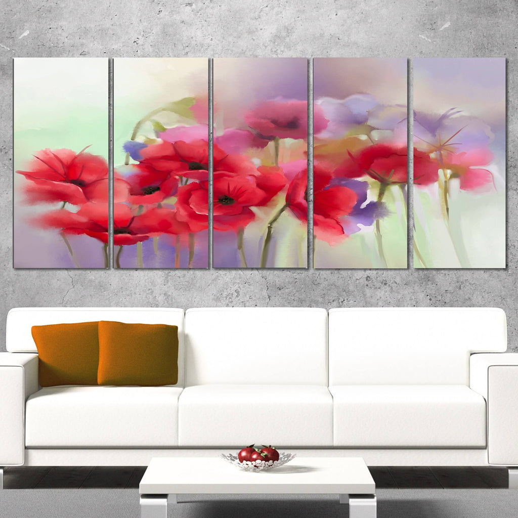 Watercolor Red Poppy Flowers 5 Piece Canvas Painting Set V846466