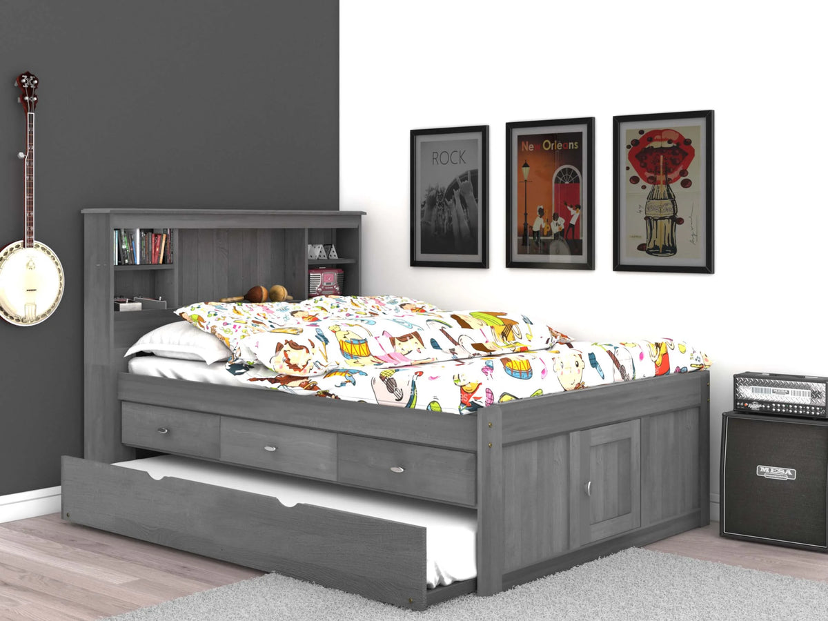 Charcoal Gray Solid Pine Full Captains Bookcase Bed with 3 Drawers and Twin Trundle I352