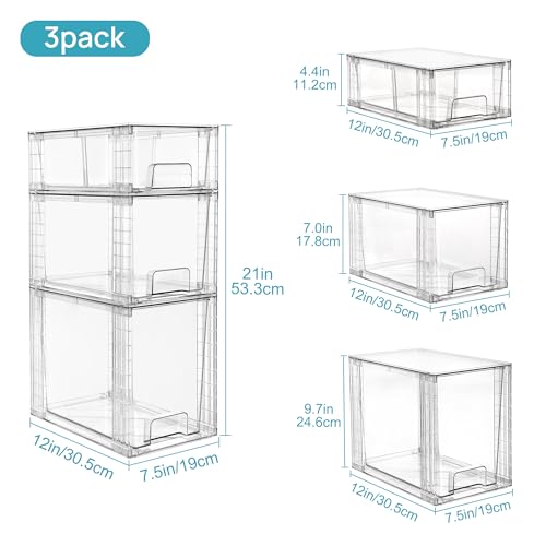 3 Pack Clear Stackable Plastic Storage Drawers D52104