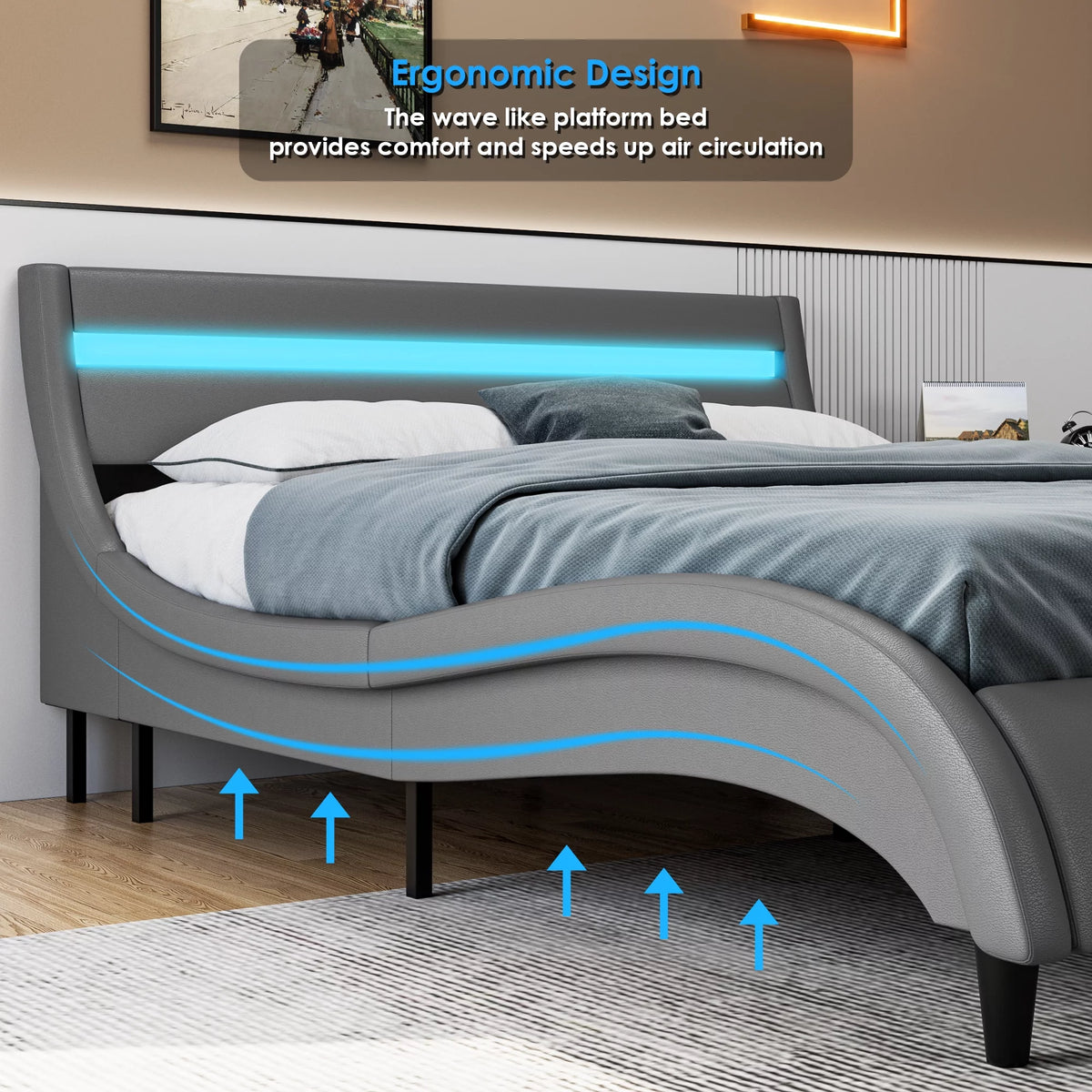 White Full Size Wooden Platform Bed Frame with Adjustable Upholstered Headboard X394