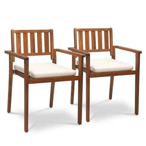 Acacia Wood Stackable Patio Dining Chairs Set of 4 with Cushions A992