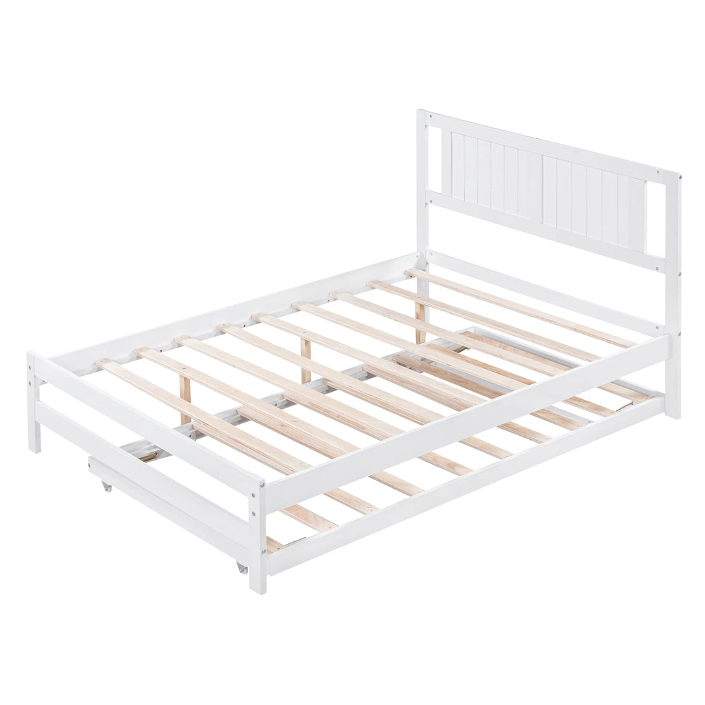White Full Size Wood Platform Bed with Adjustable Trundle and Headboard Y88455