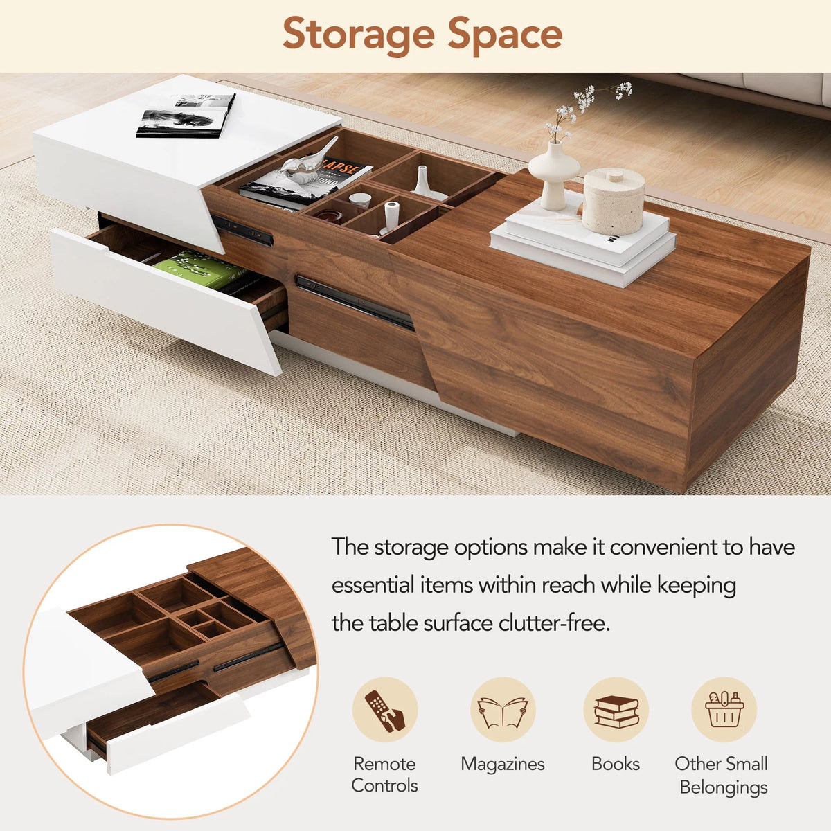 Extendable Coffee Table with Sliding Top and Storage Drawers A59539