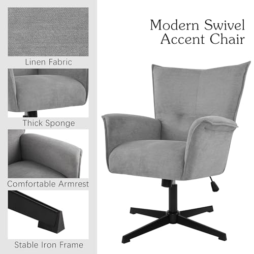No Wheels Linen Fabric Swivel High-Back Accent Chair with Metal Legs C736799