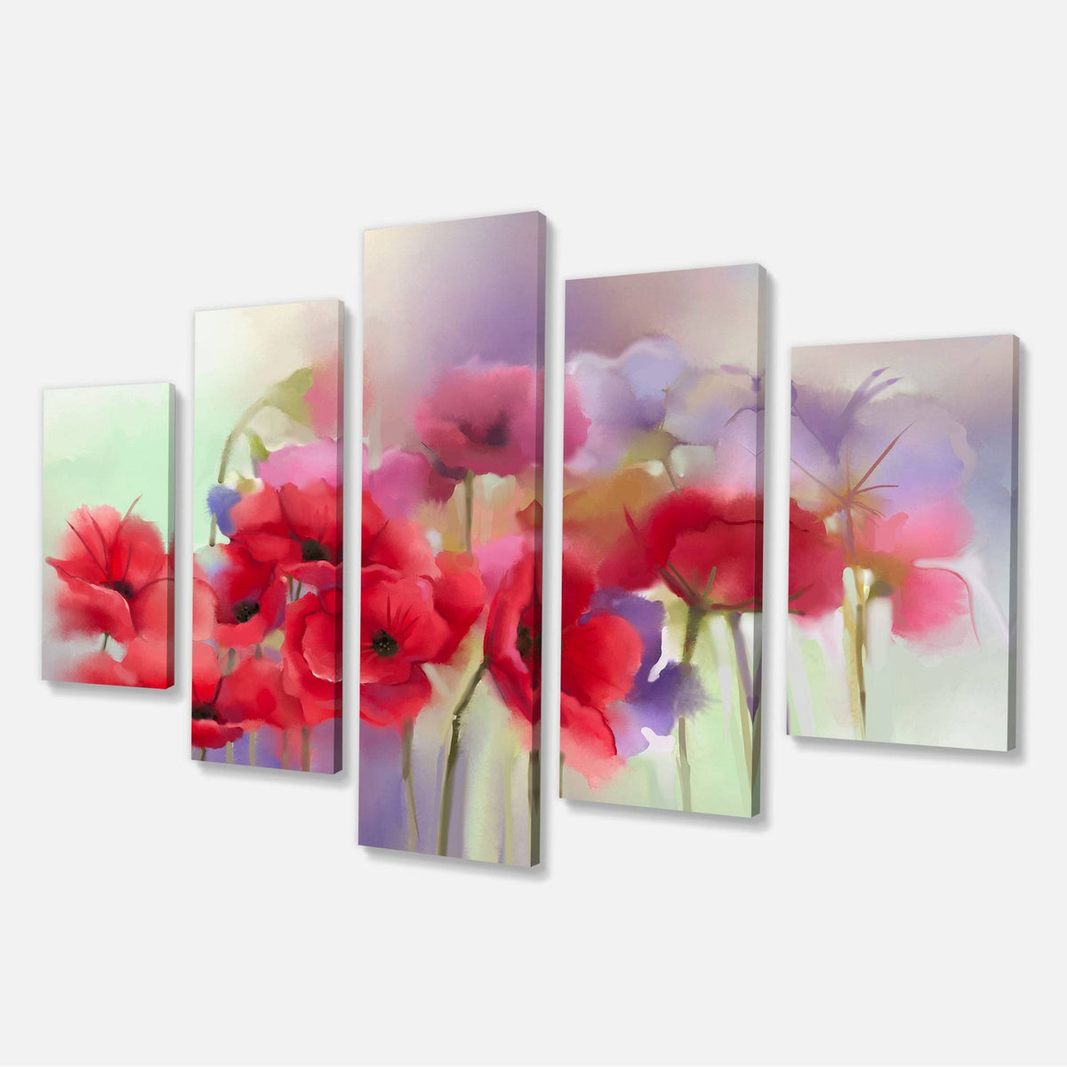 Watercolor Red Poppy Flowers 5 Piece Canvas Painting Set V846466