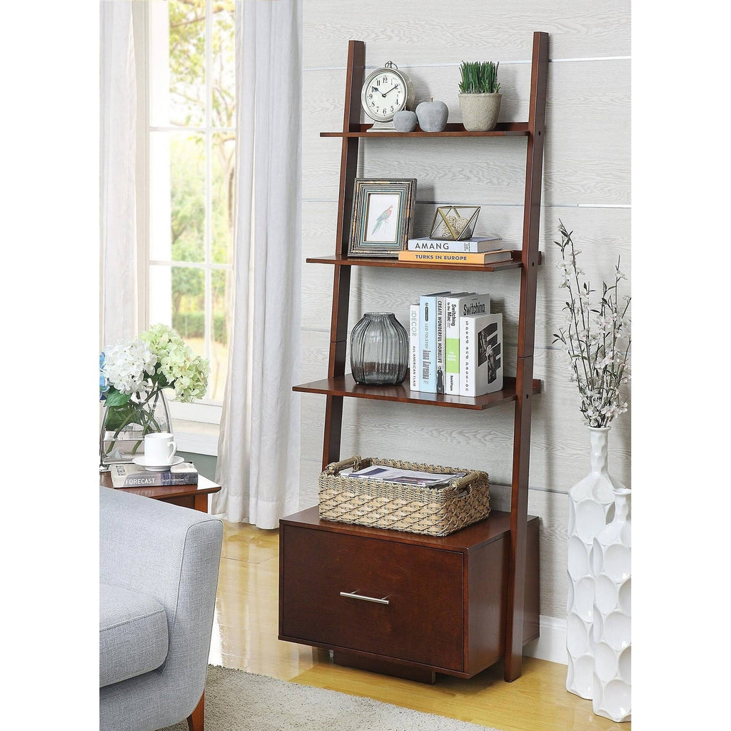 Espresso Ladder Bookcase with File Drawer W12138