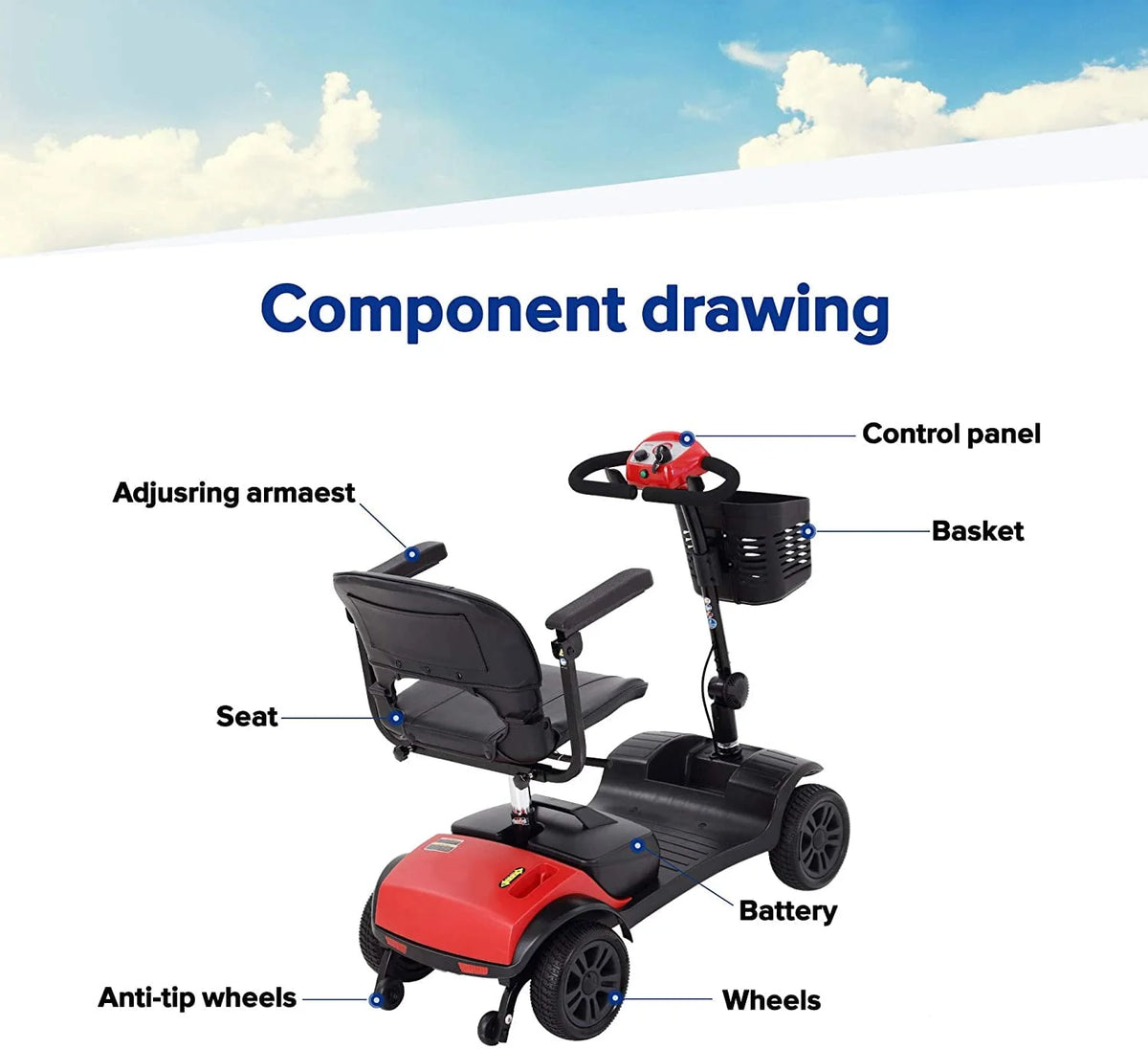 4 Wheel Heavy Duty Electric Scooter with Sliding Swivel Seat, 265lbs, Red A327