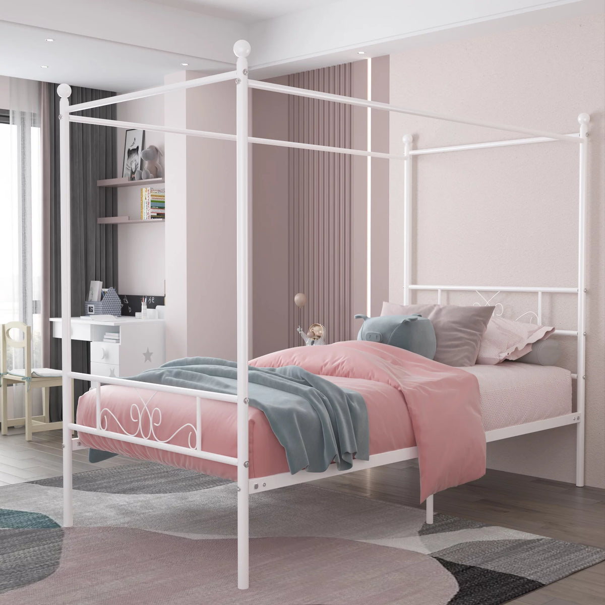 Twin Size 4-Post Canopy Bed Frame Metal Platform with Headboard Footboard Black M66327