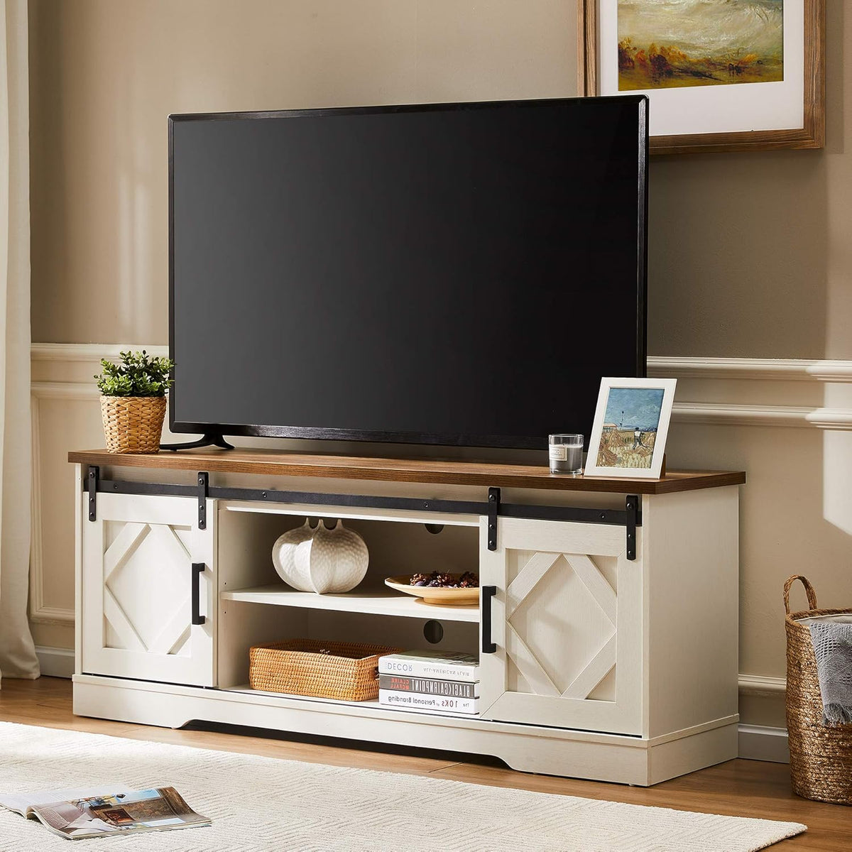 Farmhouse Sliding Barn Door TV Stand for TVs Up to 65 inch, Rustic Brown G9972